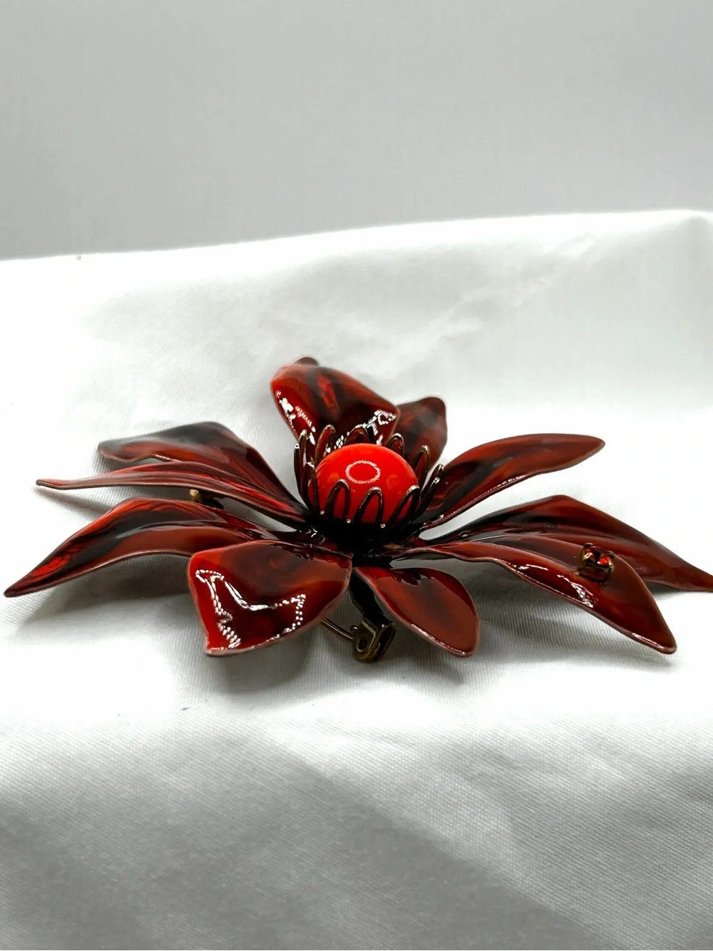 Vintage Flower Brooch Pin Metal Enamel Red Orange Swirl Retro 3.25